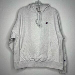 Champion Reverse Weave Hoodie Mens L Gray Sweatshirt Embroidered Vintage Stains‎